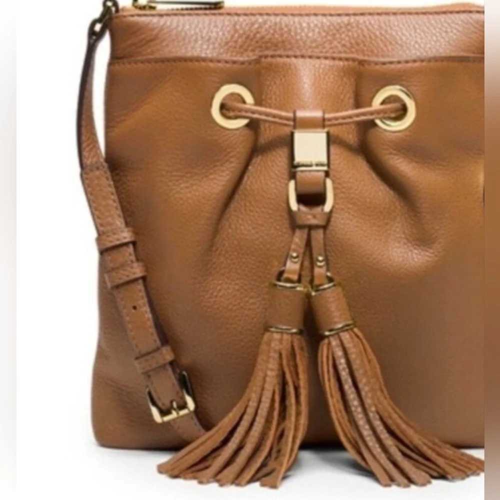 Michael Kors Bag Camden Drawstring Brown Genuine Leather Tassel Small Crossbody
